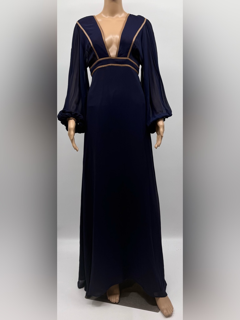 Janice Wainwright Vintage Full Length Blue Silk Gown 1970s Edwardian SZ 12 *RARE